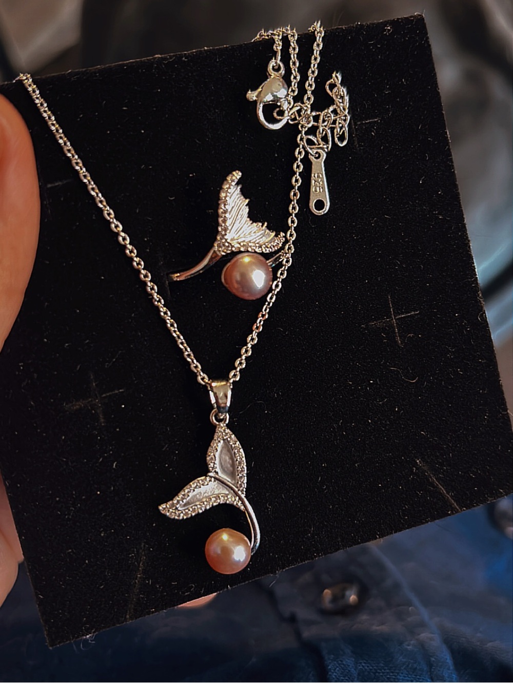 Elegant Silver Whale Tail Pendant Necklace and Ring with Pink Pearls